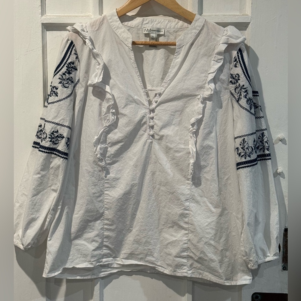 Neiman Marcus White Blouse with Navy Embroidery